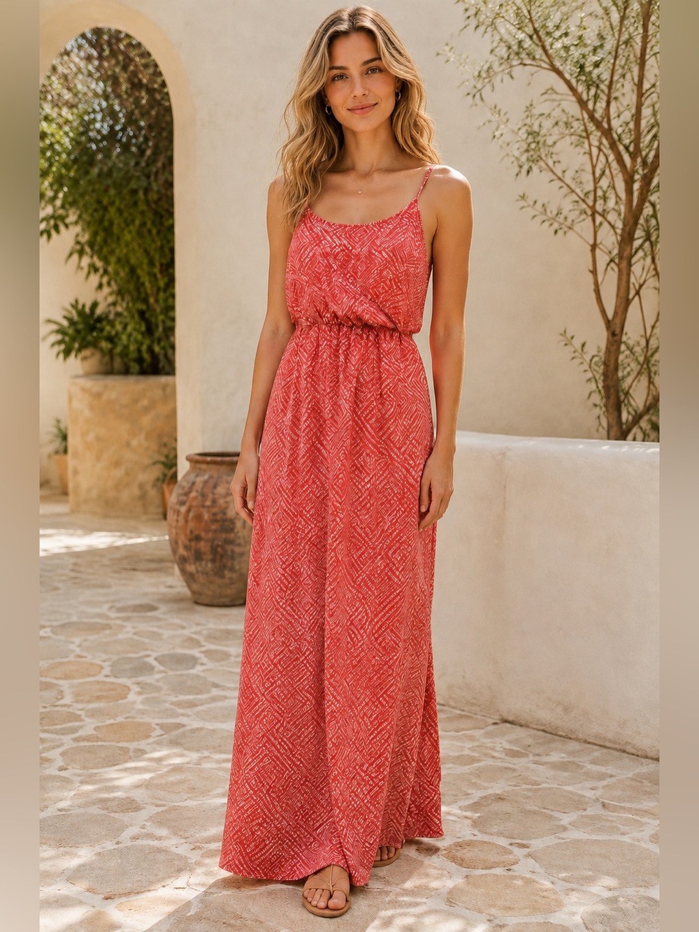 GUESS Faux Wrap Maxi Dress Red Geometric Print Adjustable Straps Size XS